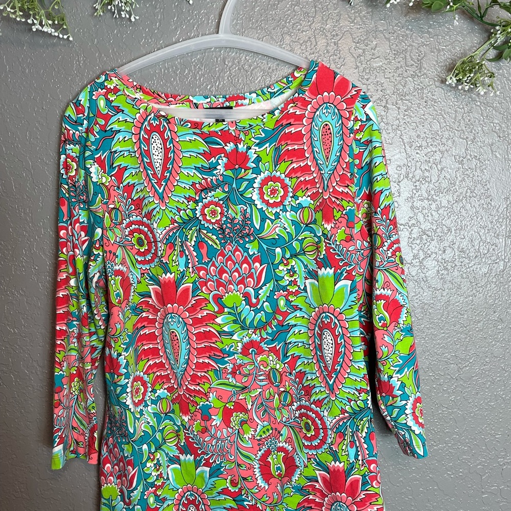 Talbots Multicolor Floral Paisley Long Sleeve Tee - Coral, Teal, Lime